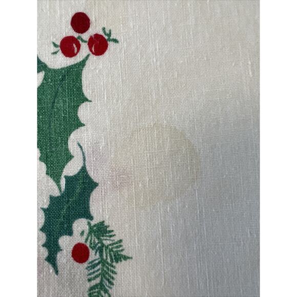 Vtg Christmas Red Poinsettia Holly Tablecloth 84x51” Rectangular Fabric FLAWS - Picture 6 of 16